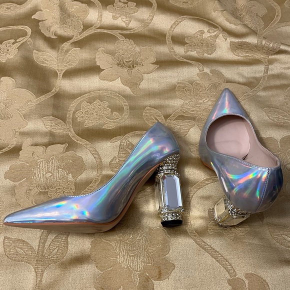 FSJ Women Pointed Toe Chunky Block High Heel Crystal Pumps - Picture 2 of 3